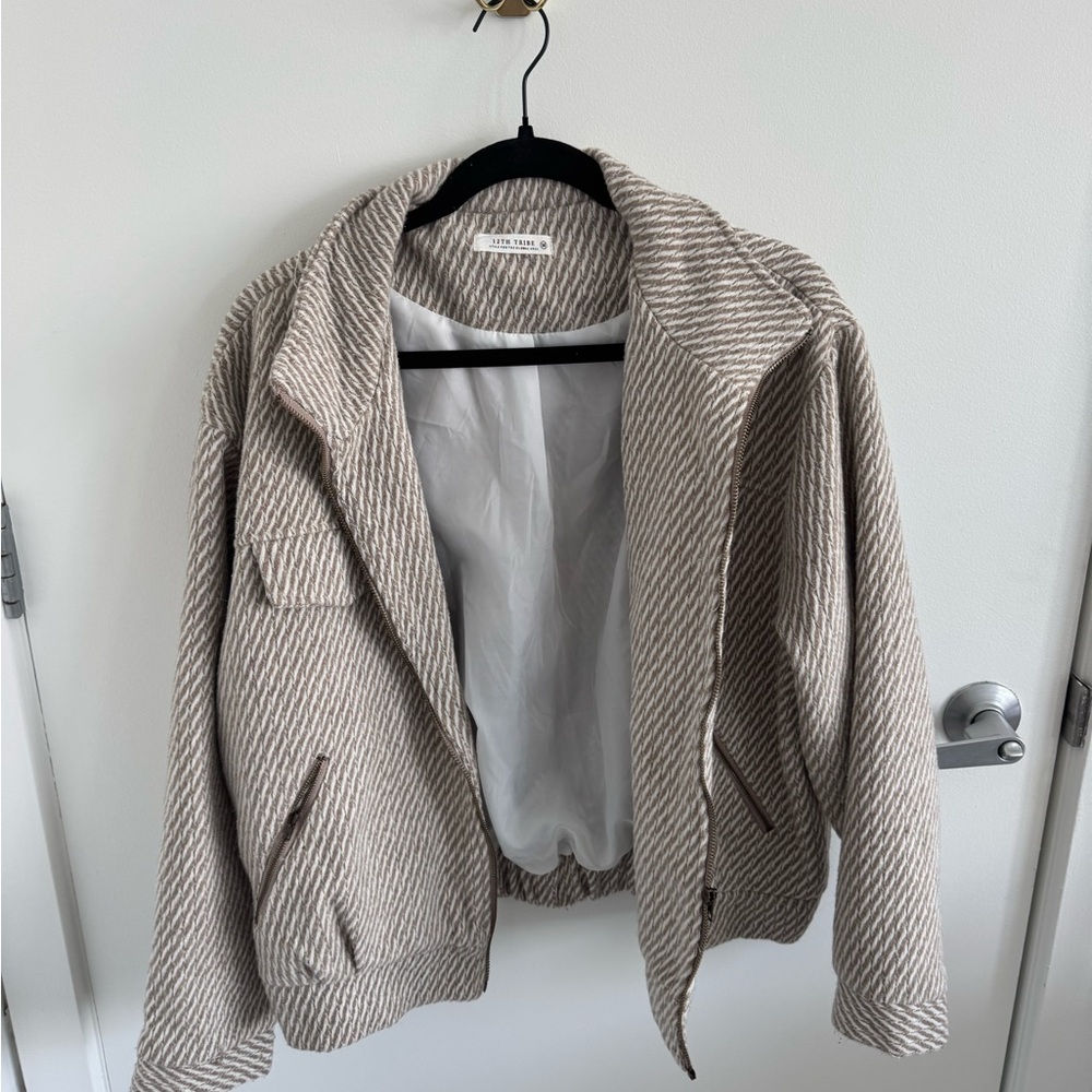 12th Tribe Beige and White Textured Jacket